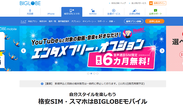 ユーチューブ見放題のBIGLOBE SIM